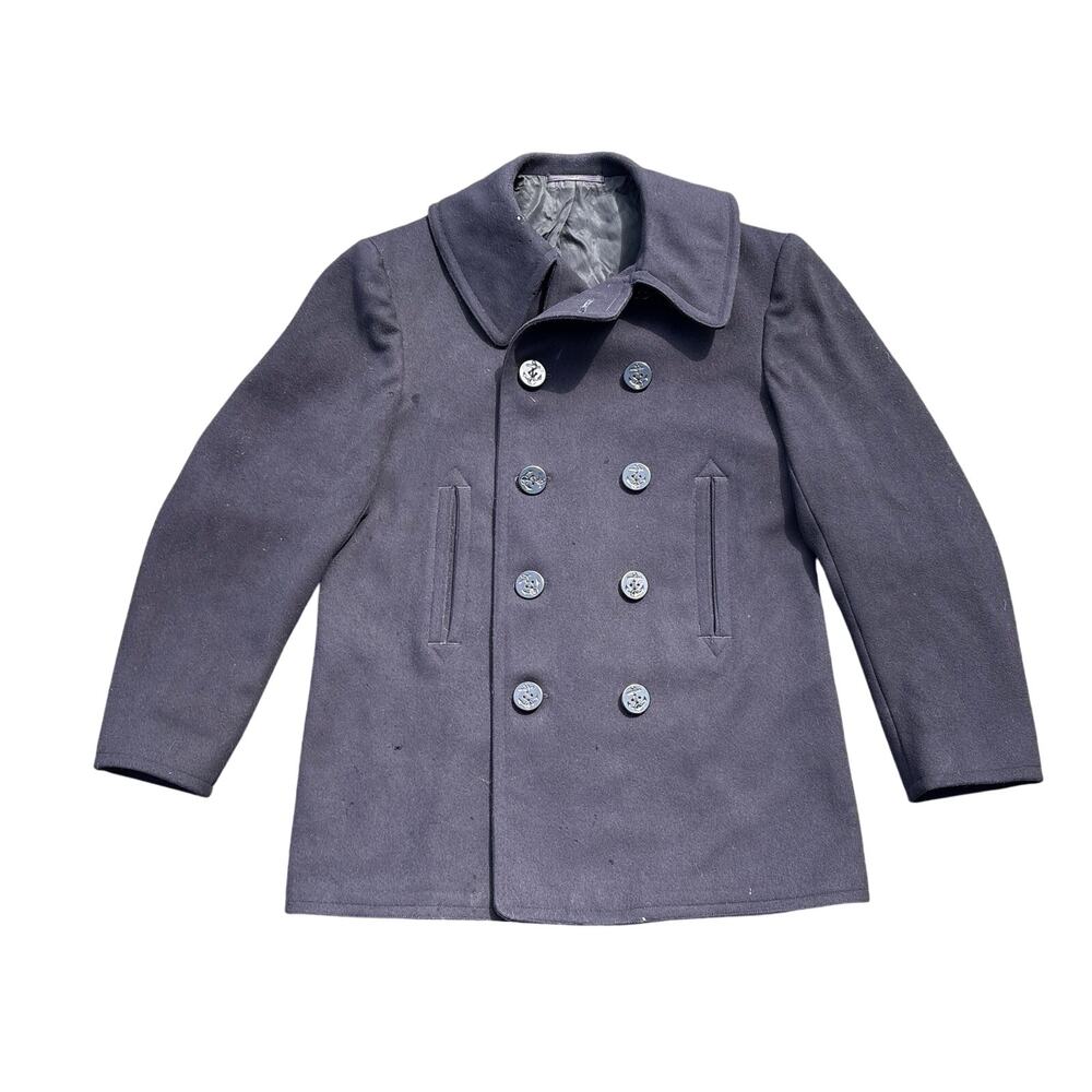 Vtg 40s WW2 Naval Peacoat Navy Blue Thrashed military wool 10 button jacket USA